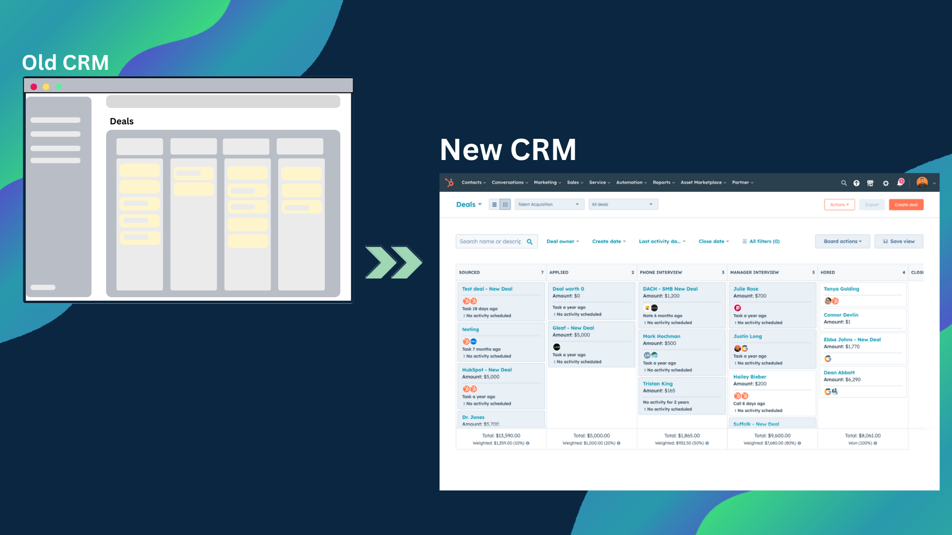 Image of old CRM with an arrow pointing to new HubSpot CRM